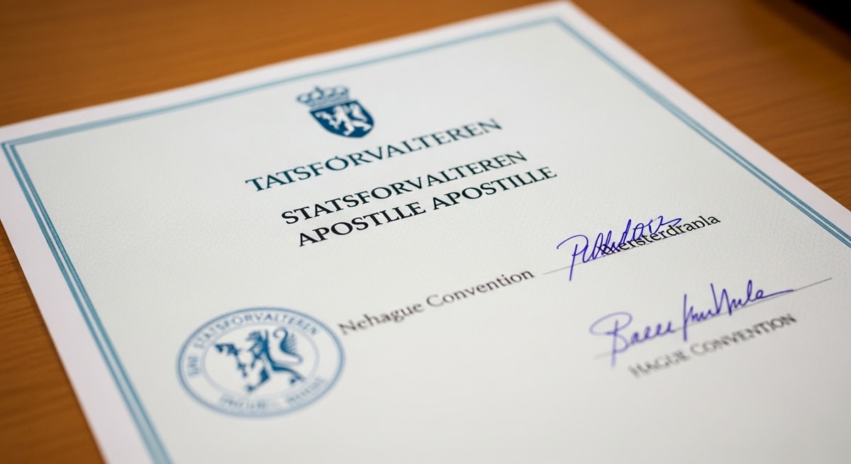 Norwegian apostille certificate issued by Statsforvalteren authenticating a public document under the Hague Convention