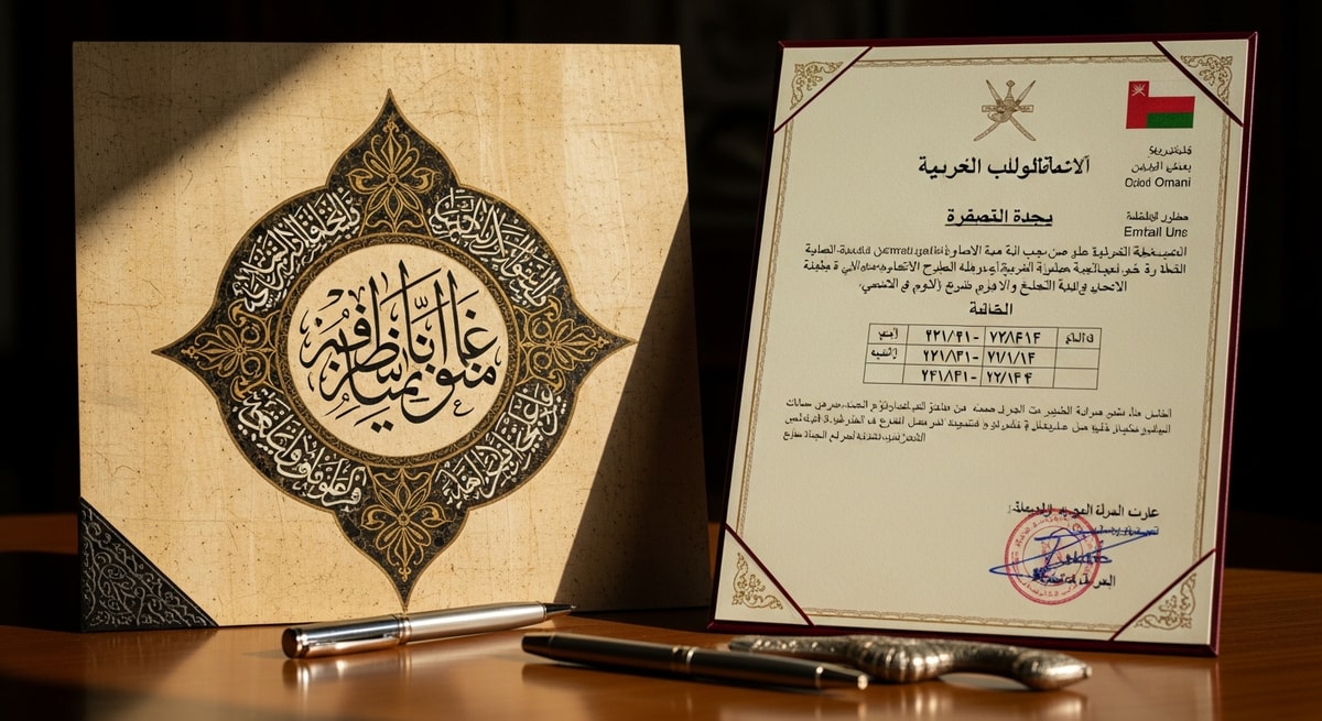 Arabic calligraphy and Omani official document showing formal Modern Standard Arabic with dual calendar dating