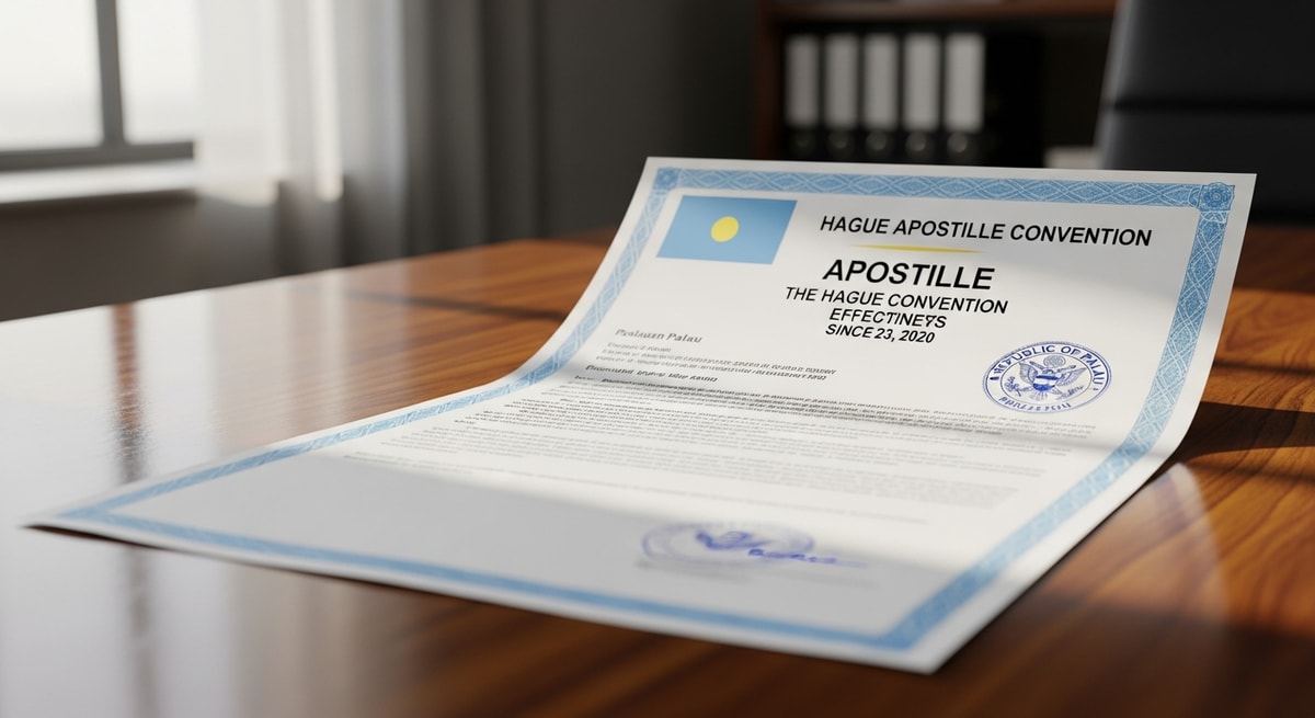 Hague Apostille Convention certificate on a Palauan document, effective since 23 June 2020