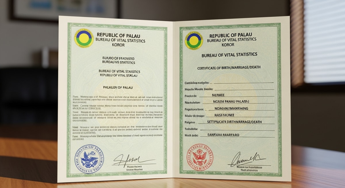 Official Palauan civil registry document in Palauan and English from the Bureau of Vital Statistics in Koror