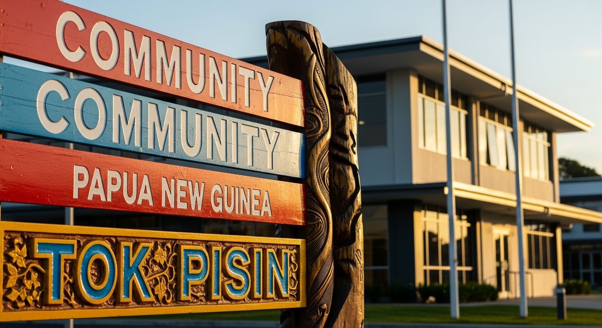 Multilingual Papua New Guinea community signage in English and Tok Pisin in Port Moresby city centre