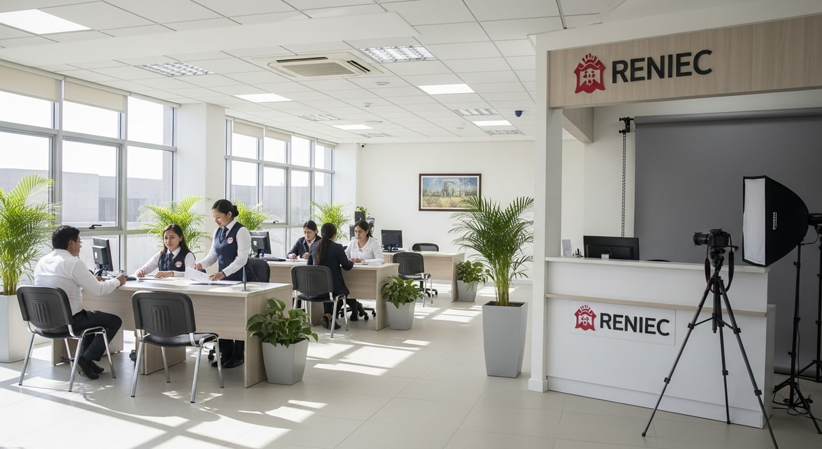 Peruvian RENIEC civil registry office with document processing area representing Peru's vital records system