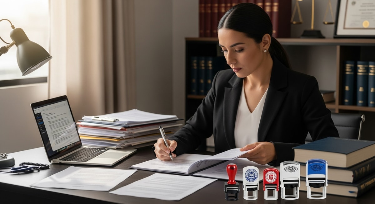Professional translator reviewing Peruvian legal documents at a desk with certification stamps and official materials