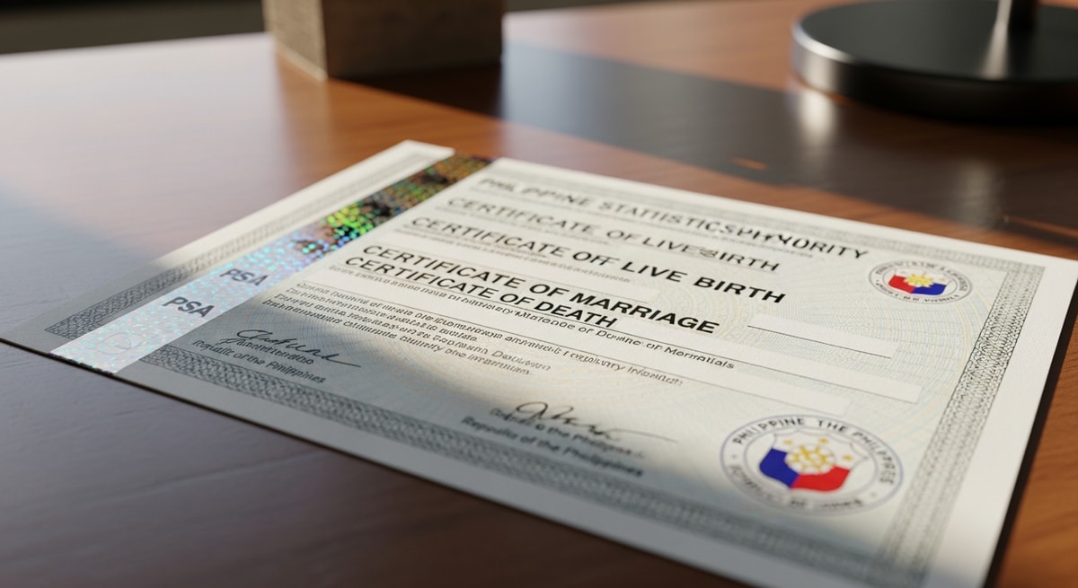 Philippine Statistics Authority PSA certificate with security features representing the Filipino civil registry system