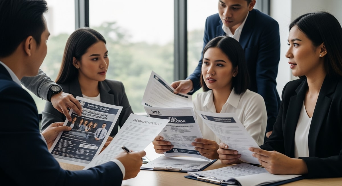 Filipino professionals with documents representing overseas employment and worker migration from the Philippines
