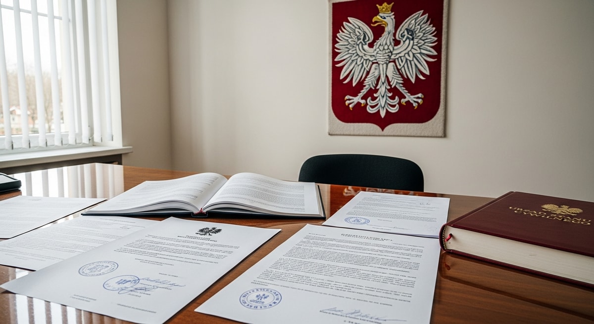Polish civil registry office Urząd Stanu Cywilnego with official documents and the coat of arms of Poland representing the vital records system