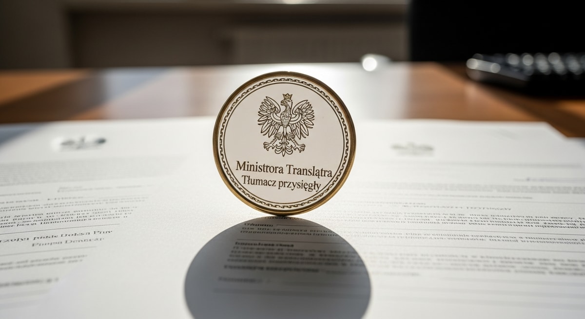 Official Polish sworn translator seal and certification documents representing the tłumacz przysięgły system governed by the Ministry of Justice