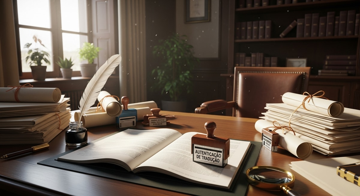 Portuguese notarial office with legal documents and official stamps representing the certified translation authentication process