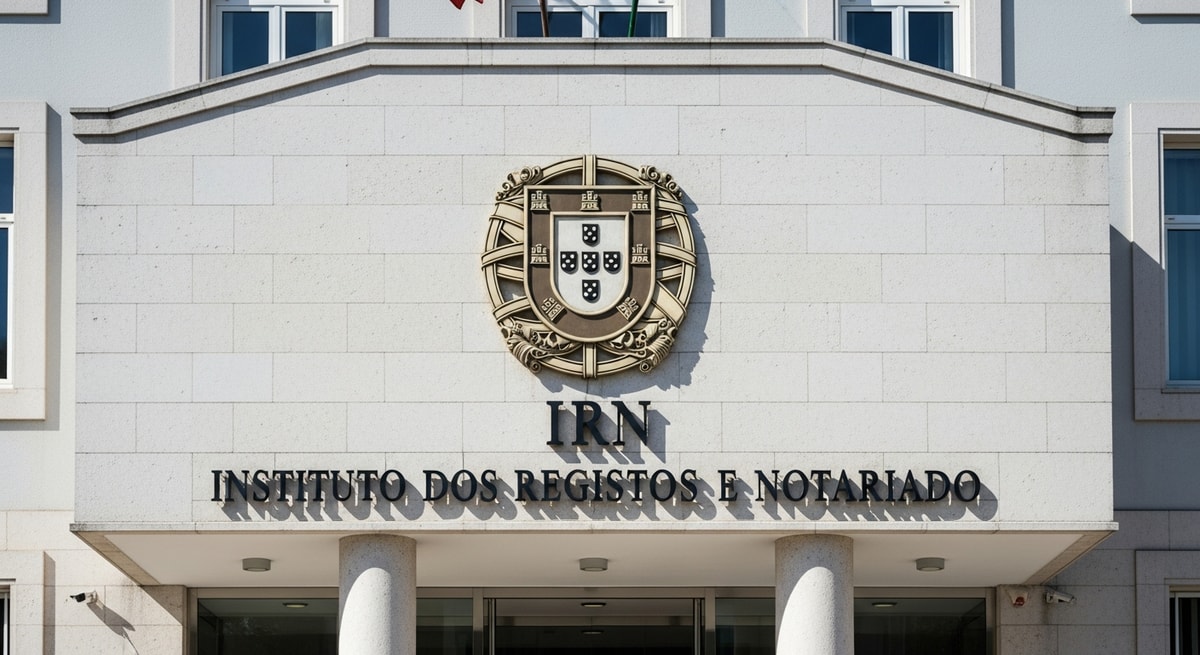 Portuguese civil registry office facade with national coat of arms representing the IRN civil registration system