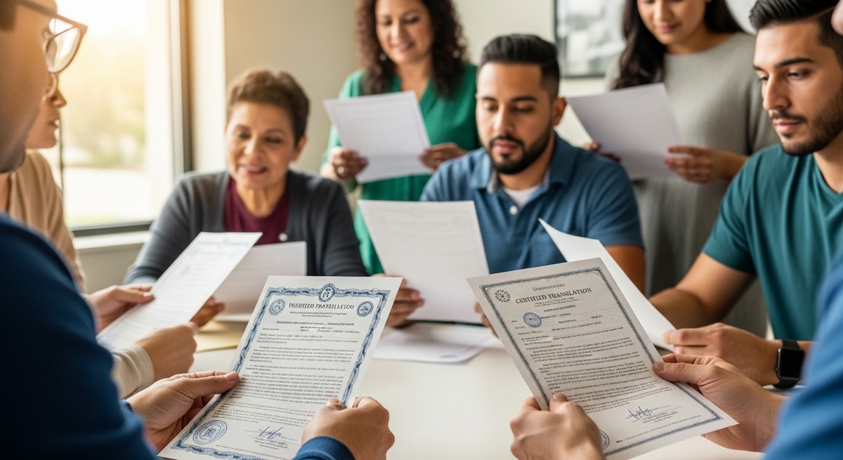Puerto Rican community members on the US mainland reviewing certified translations of birth certificates and official documents from Puerto Rico