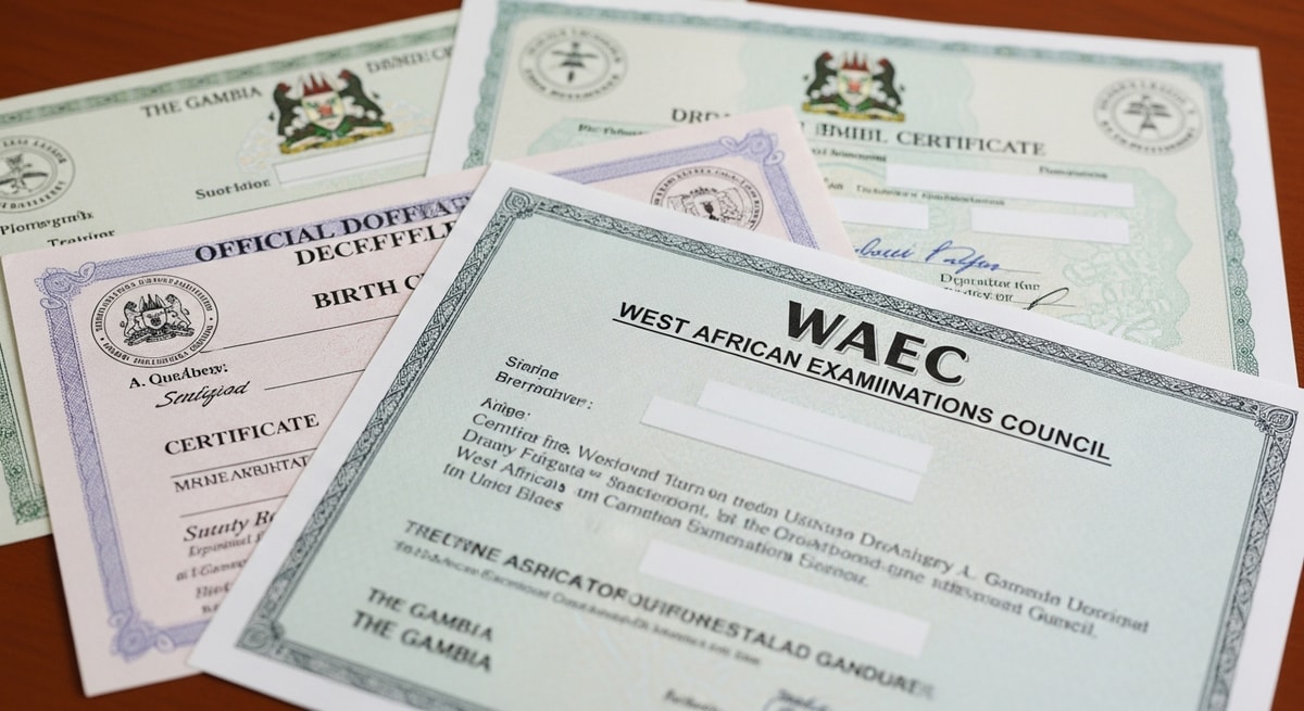 Gambian official documents including birth certificates and WAEC certificates showing the English-language document system of The Gambia