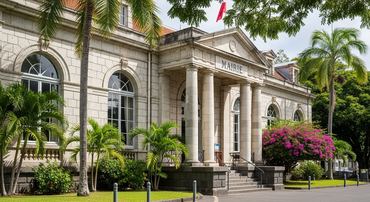 Réunion mairie building where French état civil documents are issued by local civil status officers following standard French national formats