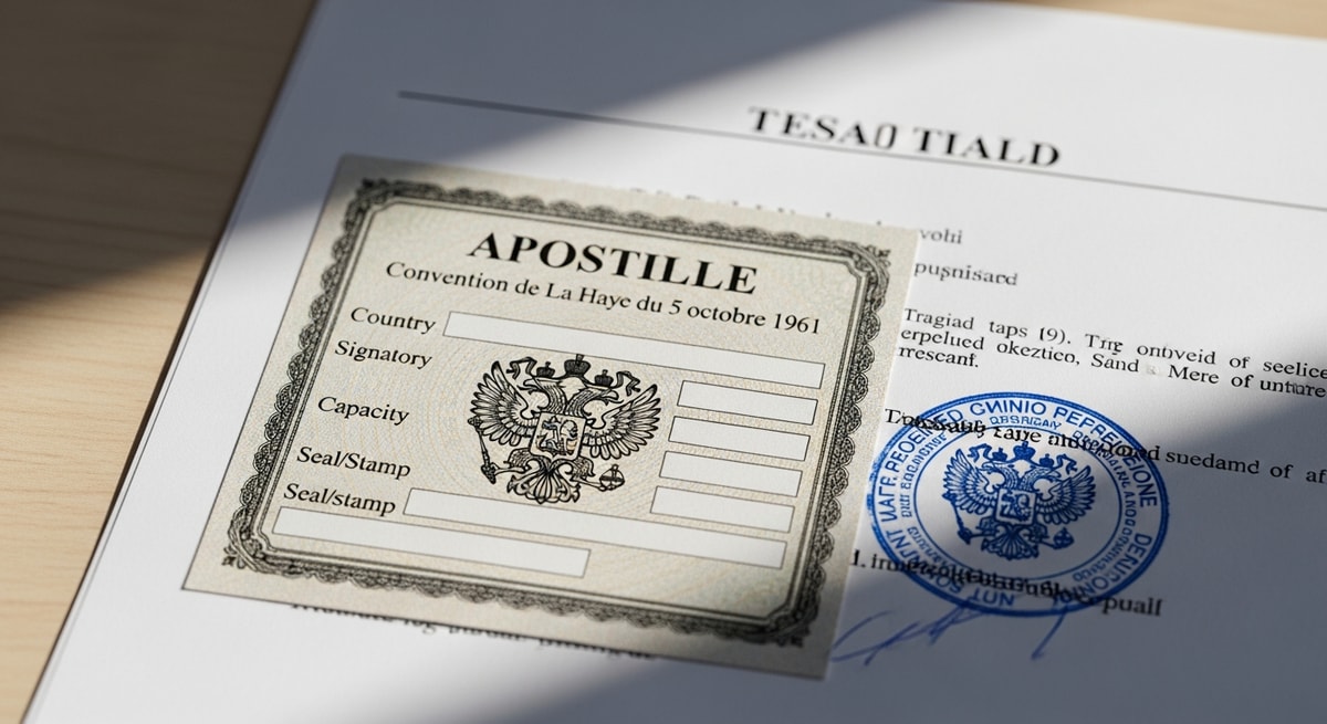 Official Russian apostille certificate attached to a translated document with Hague Convention header and authentication stamps