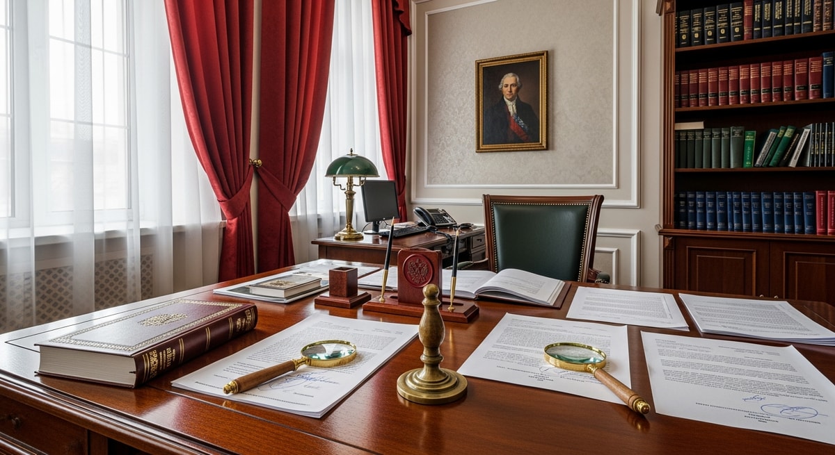 Russian notary office interior with official seal and legal documents representing the notarized translation certification system