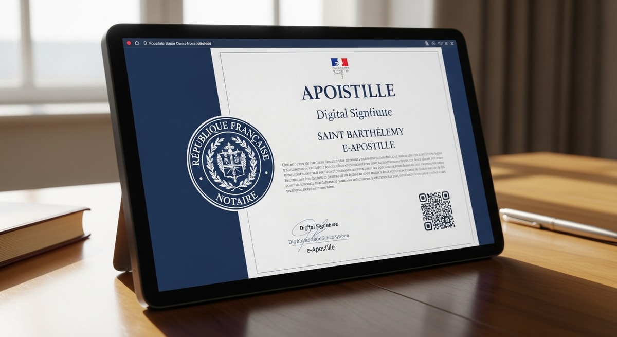 Digital apostille certificate and French notarial seal representing the e-Apostille system used for Saint Barthélemy documents under French jurisdiction