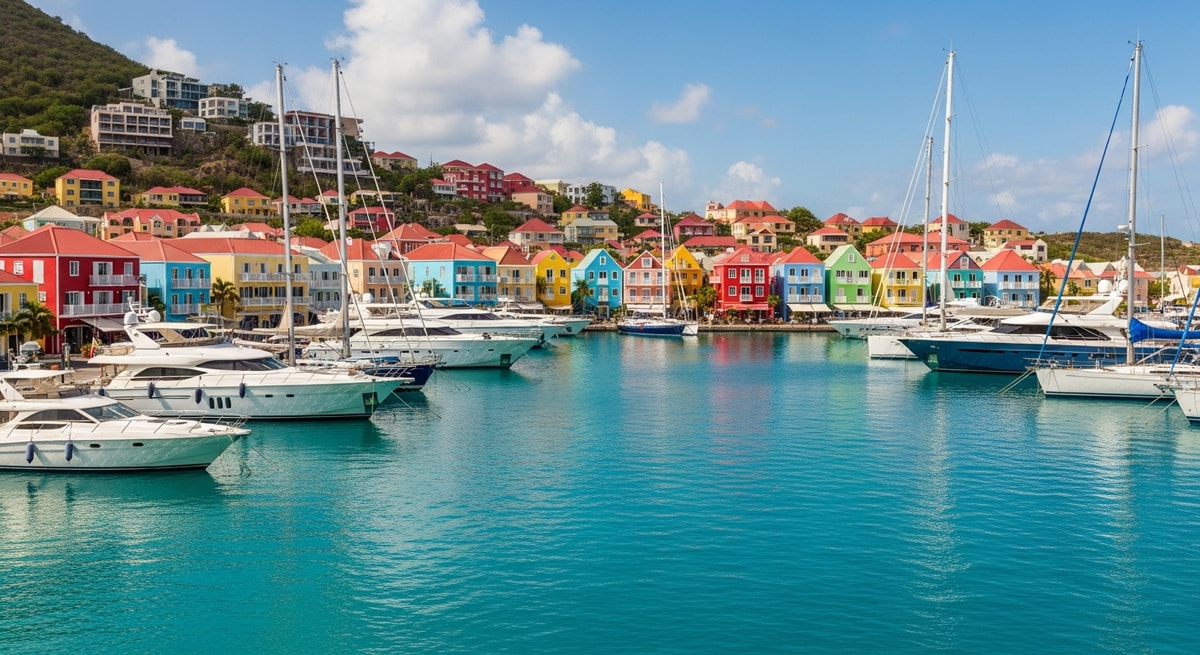 Gustavia harbor in Saint Barthélemy with colorful buildings and yachts representing the administrative capital of this French overseas collectivity