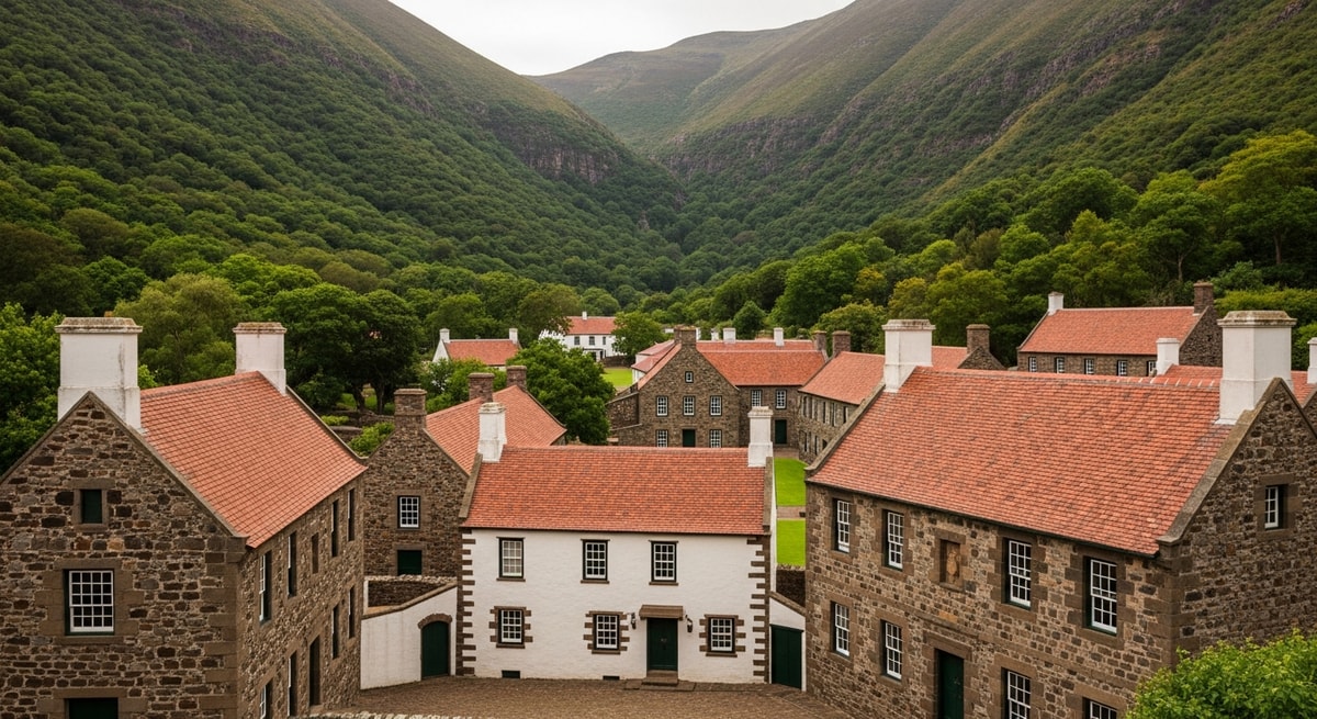 Historic Jamestown valley on Saint Helena Island with Georgian colonial buildings representing 500 years of document heritage requiring specialist translation
