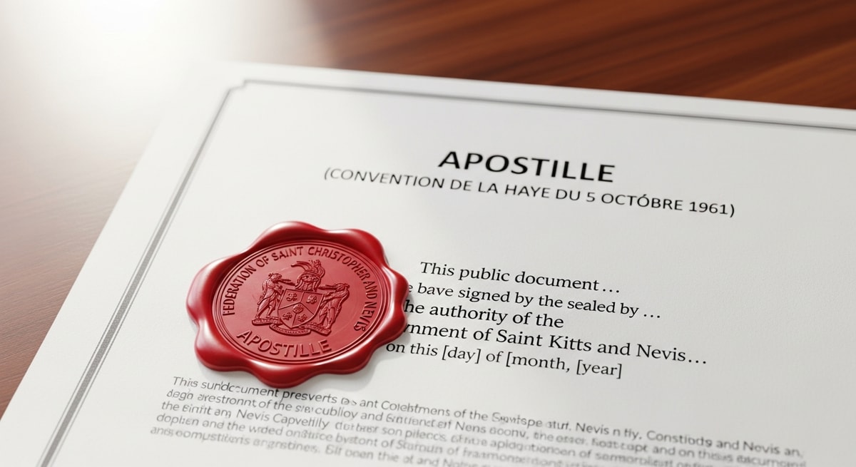 Official document seal and apostille certificate representing the Hague Convention apostille process for Saint Kitts and Nevis public documents