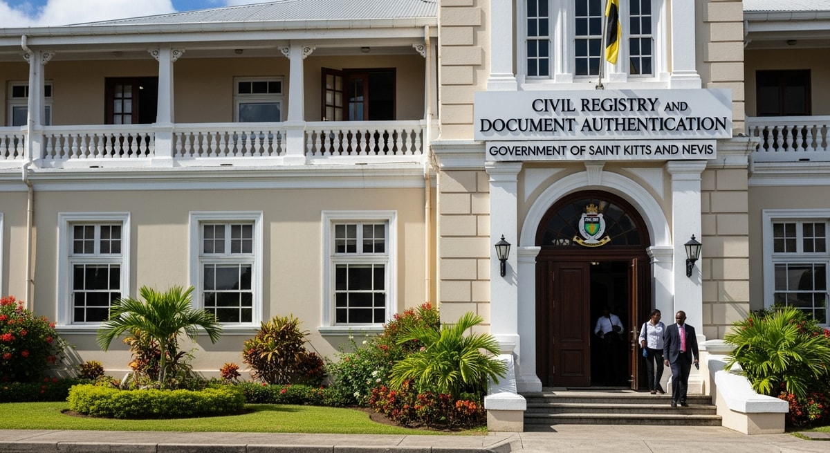Government building in Basseterre, Saint Kitts, representing the civil registration and document authentication infrastructure of Saint Kitts and Nevis