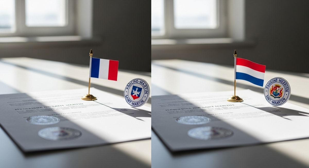 Border crossing between French Saint-Martin and Dutch Sint Maarten on the shared Caribbean island representing the unique divided status of the island