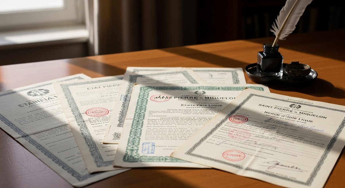 French état civil documents from Saint Pierre and Miquelon showing the civil status records maintained by local mairies under French national law