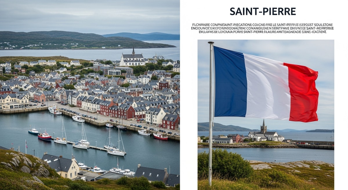 Saint-Pierre town and harbor with French tricolor visible representing France's North American overseas collectivity near the coast of Newfoundland