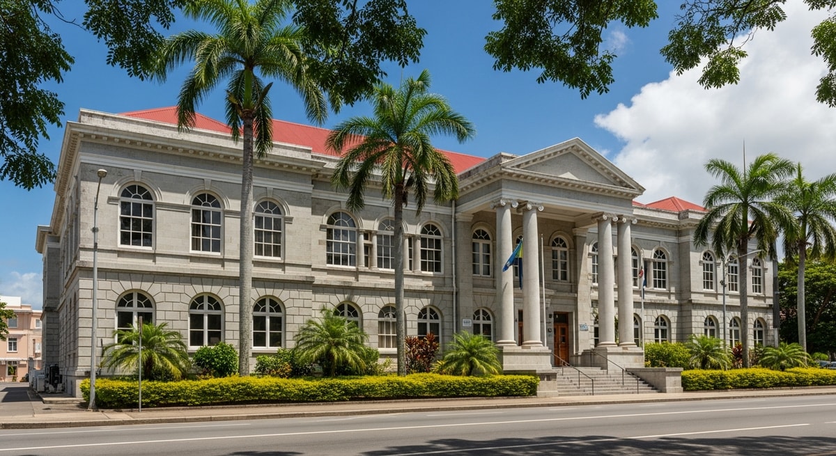 Government buildings in Kingstown, Saint Vincent, representing the competent authorities that issue apostille certificates for Vincentian public documents