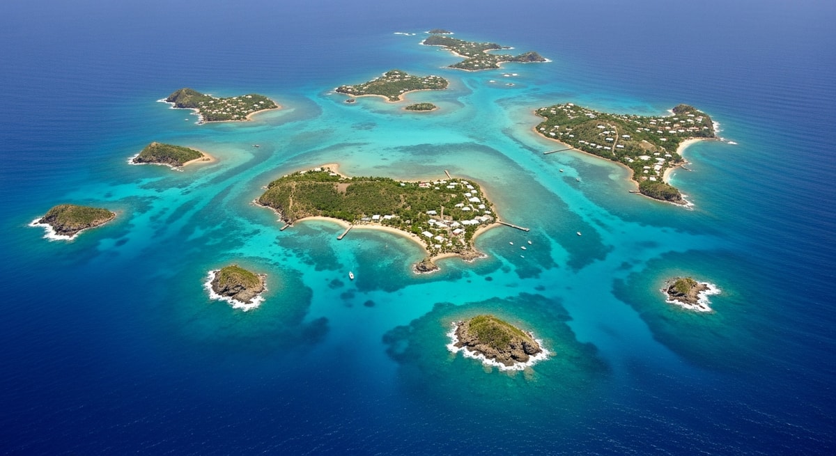Aerial view of the Grenadine islands showing the multi-island geography of Saint Vincent and the Grenadines relevant to civil registration and document issuance