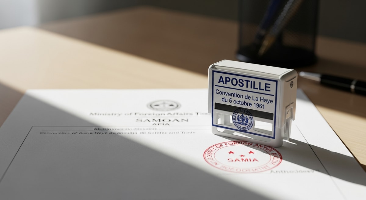 Hague Apostille certificate stamp on a Samoan document from the Ministry of Foreign Affairs and Trade in Apia