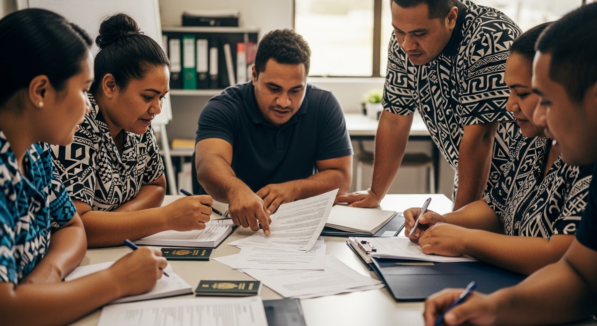 Samoan community members reviewing immigration documents and certified translations for visa applications to New Zealand