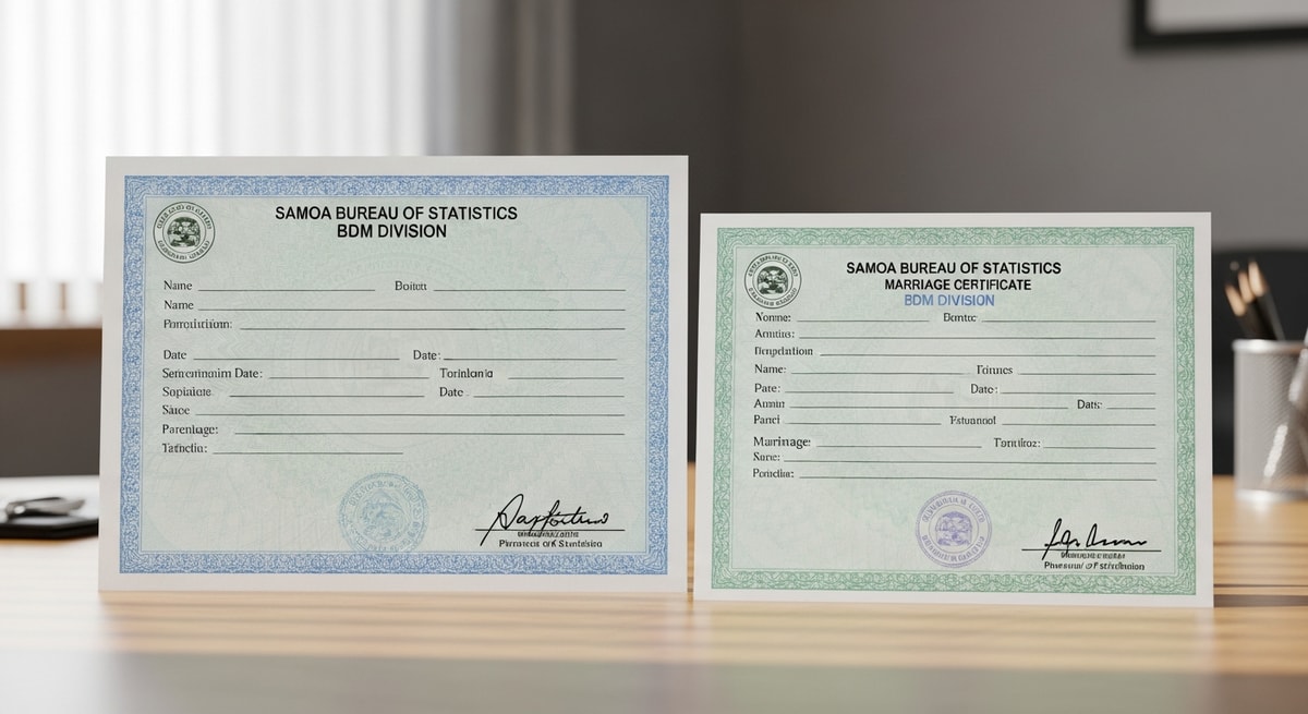 Official Samoan birth certificate and marriage certificate from the Samoa Bureau of Statistics BDM Division