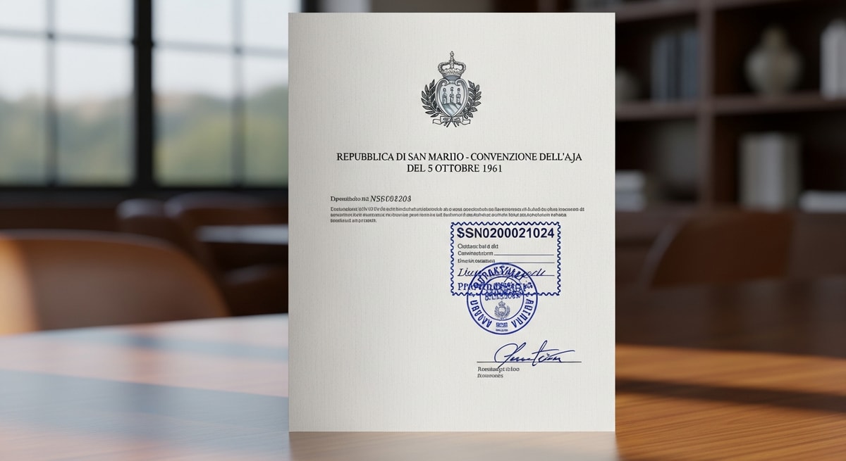 Official document with apostille stamp representing San Marino Hague Convention document authentication