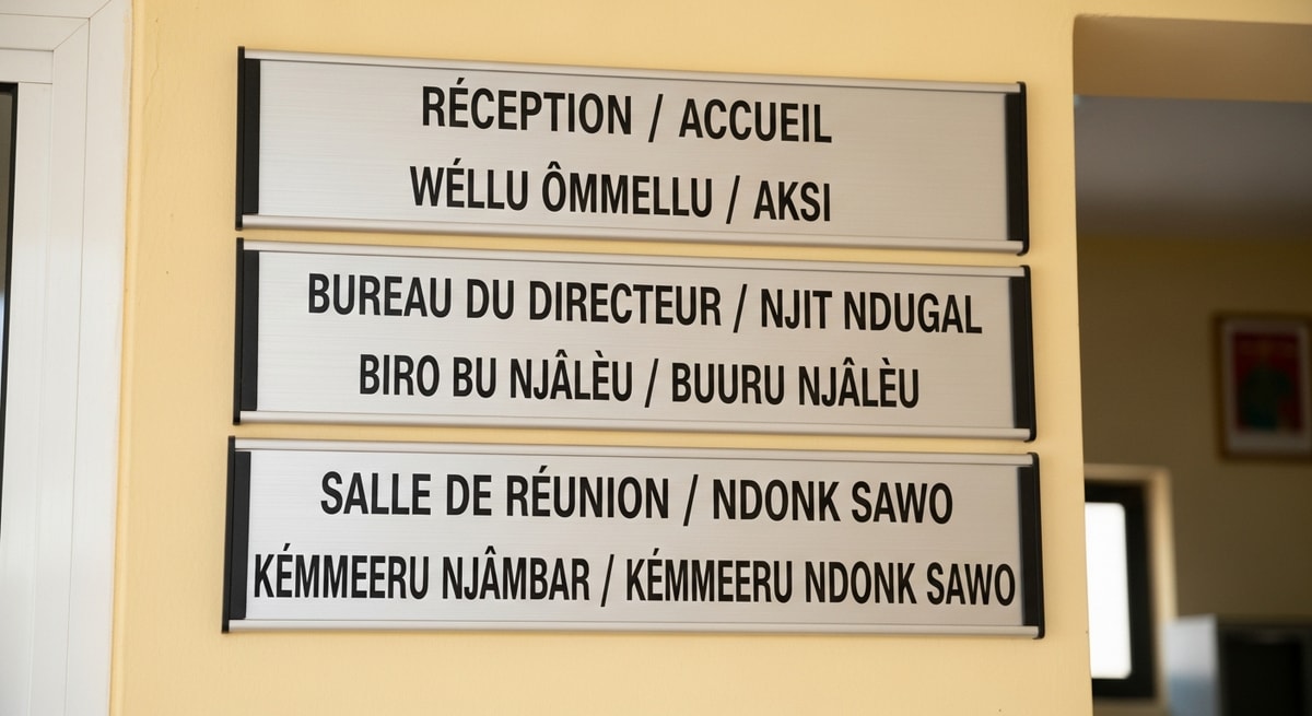Multilingual signage in Senegal showing French and Wolof text representing the country's linguistic diversity