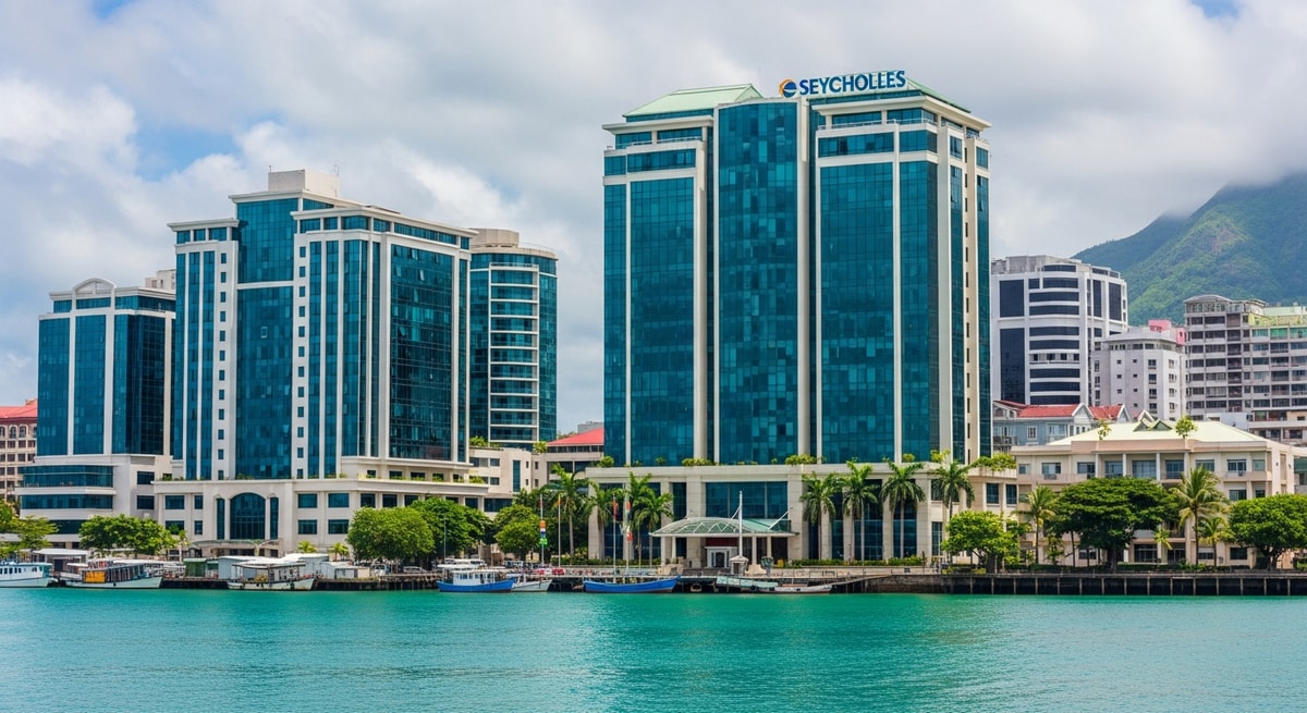 Modern office buildings and financial district in Victoria, Seychelles, representing the island nation's role as an international financial centre and offshore business hub