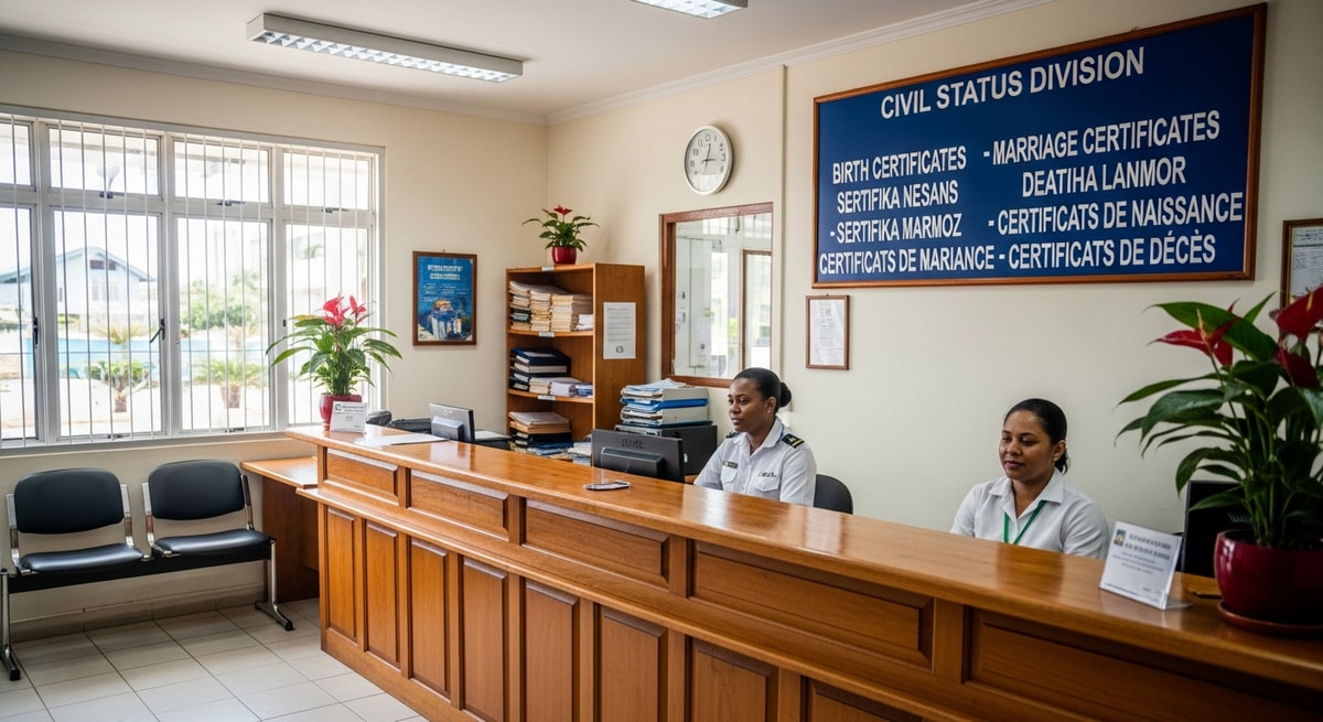 Civil Status Division office in Victoria, Mahé, Seychelles, where birth, marriage, and death certificates are issued in Kreol Seselwa, French, and English
