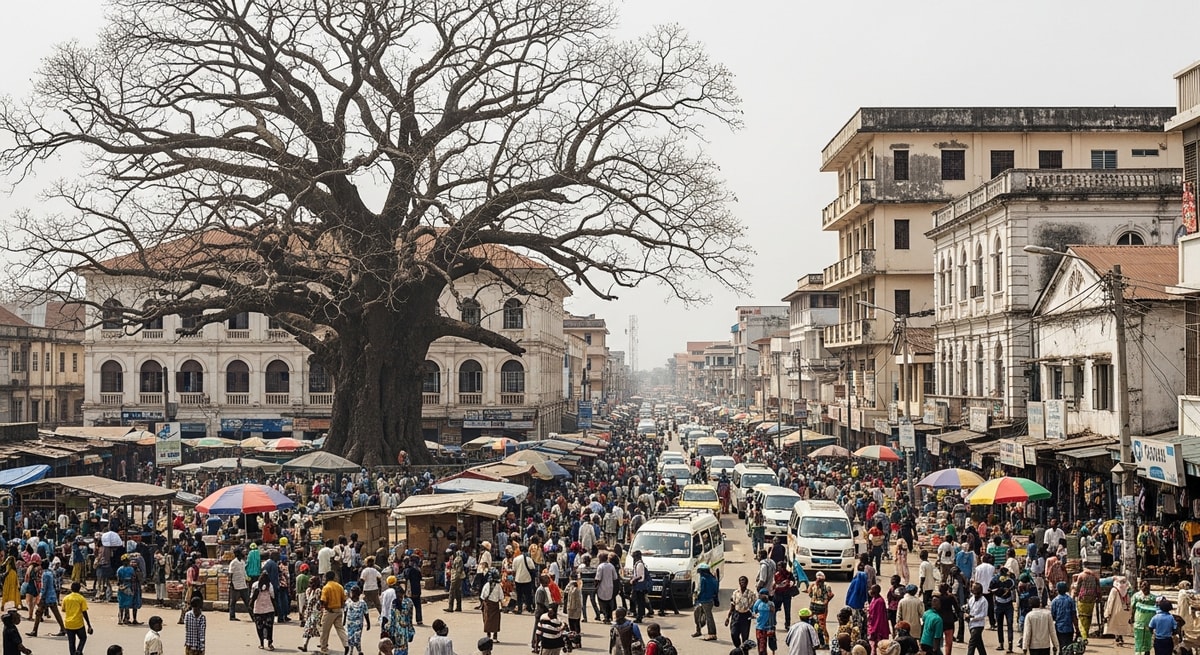 Freetown city center showing the Cotton Tree and surrounding streets representing Sierra Leone's multicultural and multilingual capital