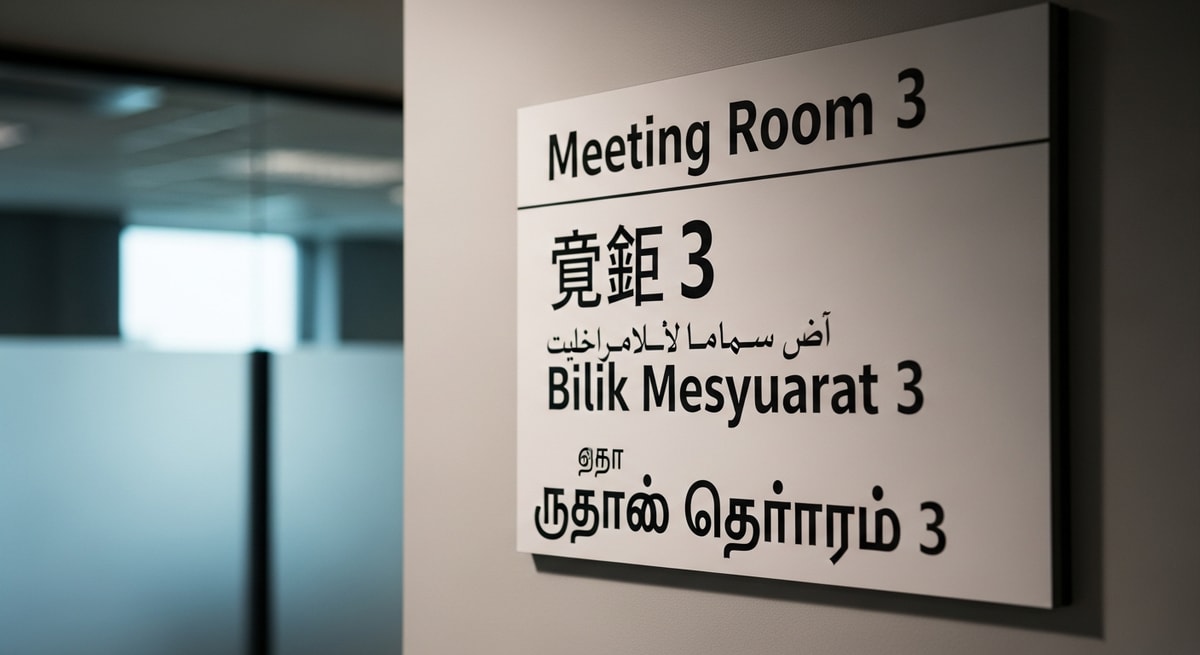 Multilingual signage in Singapore showing English, Chinese, Malay, and Tamil text representing the country's four official languages