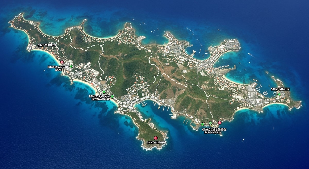 Aerial view of the island of Sint Maarten and Saint-Martin showing the shared island between the Dutch constituent country and French collectivity