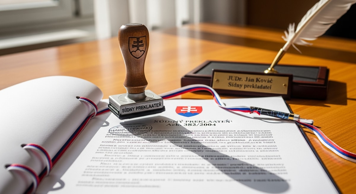 Slovak official translator's stamp and tricolour-bound document representing the sworn translation system under Act 382/2004