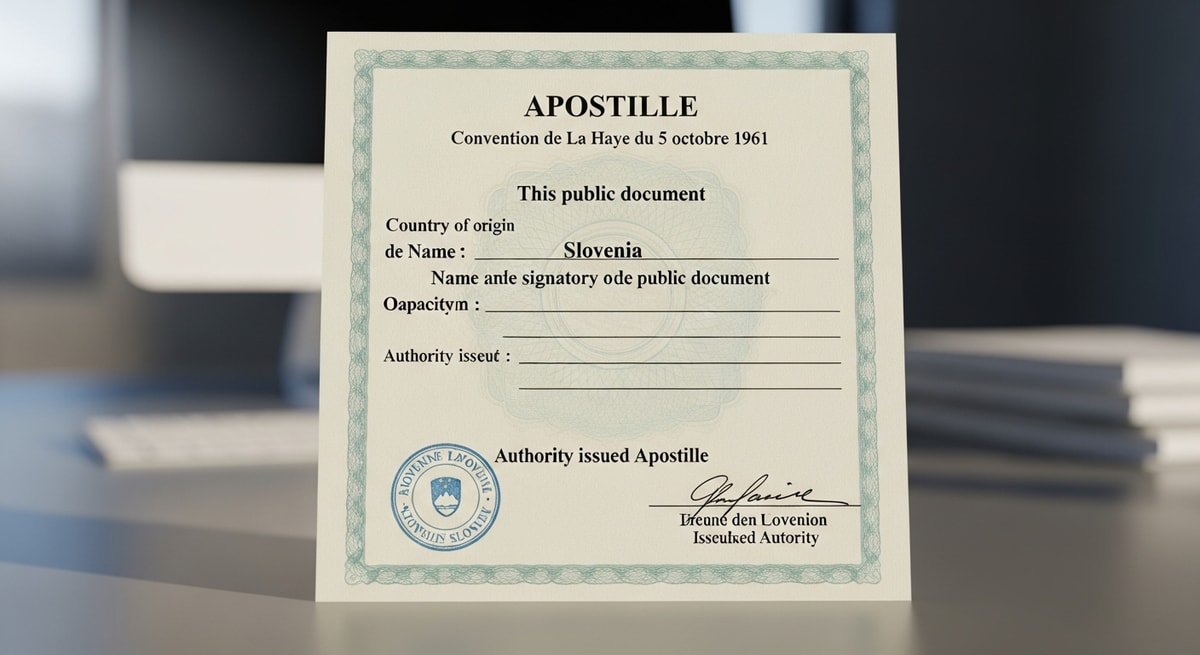 Slovenian apostille certificate with Hague Convention header authenticating a public document for international use