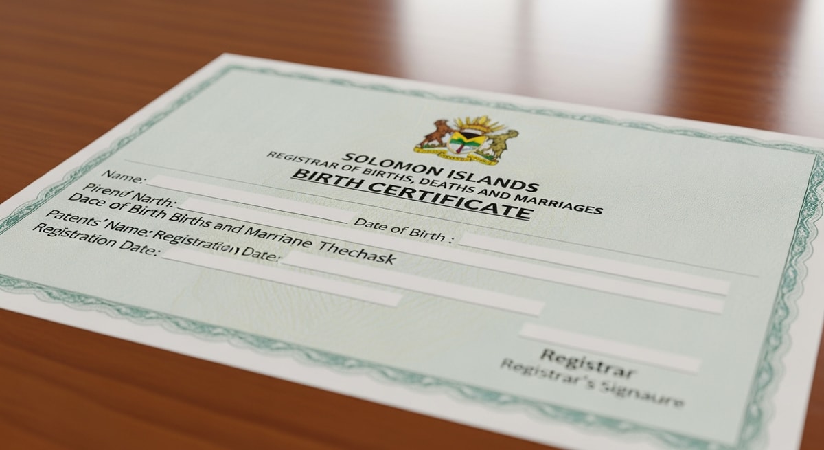 Solomon Islands official birth certificate in English with government seal and Registrar signature