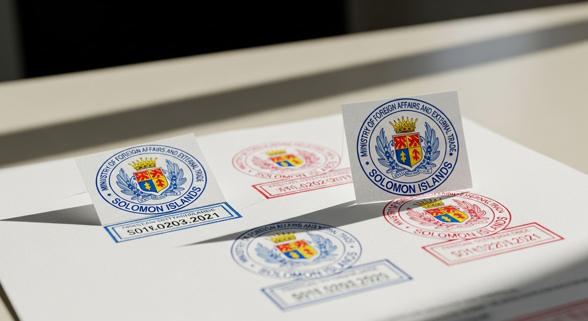 Official authentication stamps from Solomon Islands Ministry of Foreign Affairs and External Trade