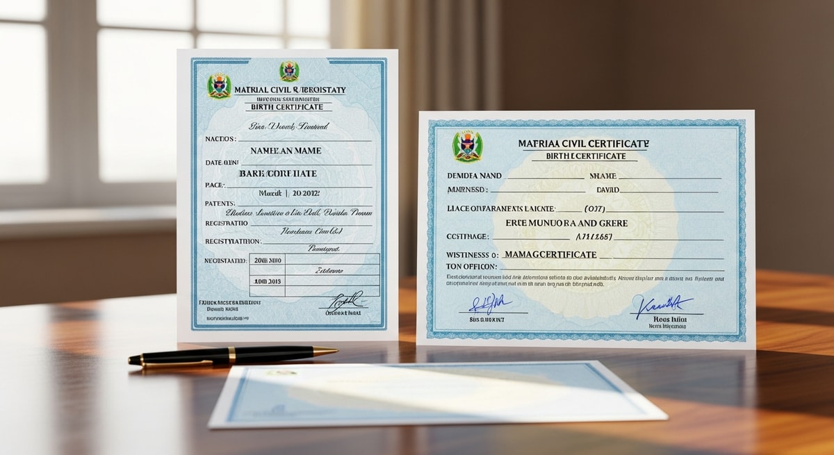Somali civil registry documents in Latin script showing birth certificate and marriage certificate formats issued by Somali state civil registration authorities