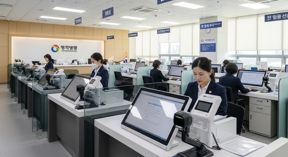 Korean government civil registration office with digital service counters representing South Korea's modern family relations registration system