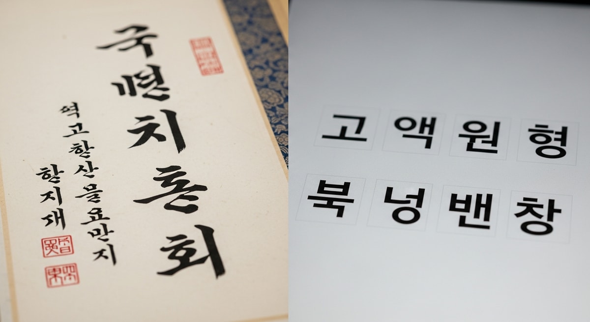Traditional Korean calligraphy and modern Hangul text displayed together representing the evolution of the Korean writing system