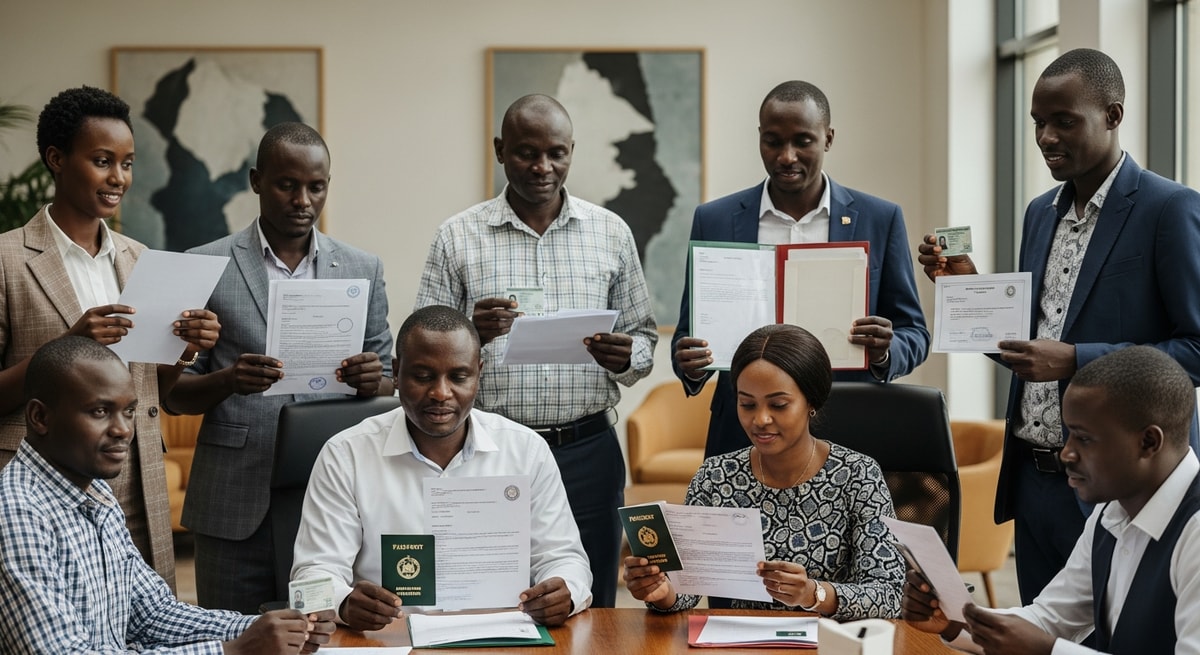 South Sudanese community members in a resettlement country with official documents, representing the large diaspora community in Uganda, Australia, and the United States