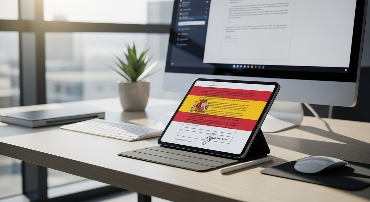 Modern digital workspace with electronic signature technology representing Spain's 2025 reform allowing sworn translators to use qualified electronic signatures