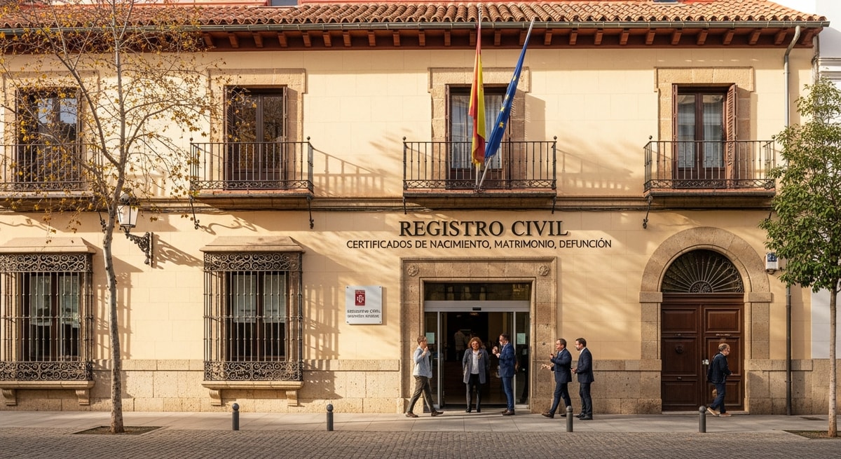 Spanish Registro Civil office building with official signage representing the civil registry system that issues certificados de nacimiento and other vital records