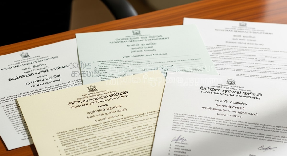 Sri Lankan official documents showing Sinhala and Tamil scripts with trilingual headers from the Registrar General's Department