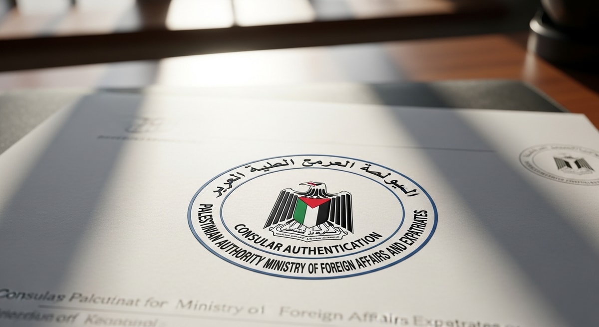 Palestinian Authority Ministry of Foreign Affairs and Expatriates seal representing the consular authentication process for Palestinian documents